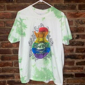 Hard Rock Atlantic City Custom Green Tie Dye Rainbow Graphic T-Shirt Size Large